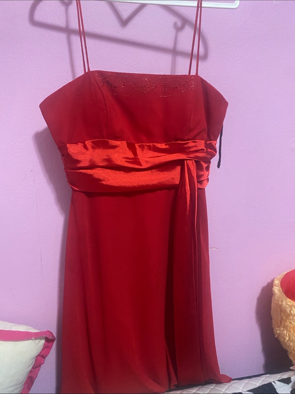 Red Satin-Accented Spaghetti Strap Dress